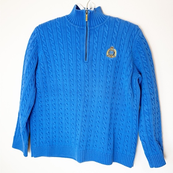 Ralph Lauren | 100% Cotton Royal Blue Quarter zip  Sweater Cable Knit Medium - Picture 1 of 8